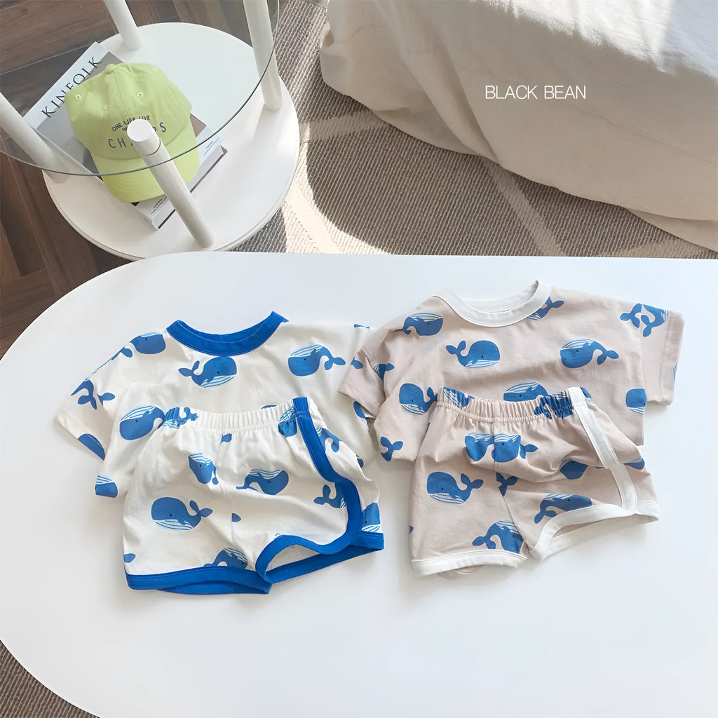 Baby cartoon printing suit in khaki cotton with pullover blouse and shorts for toddlers