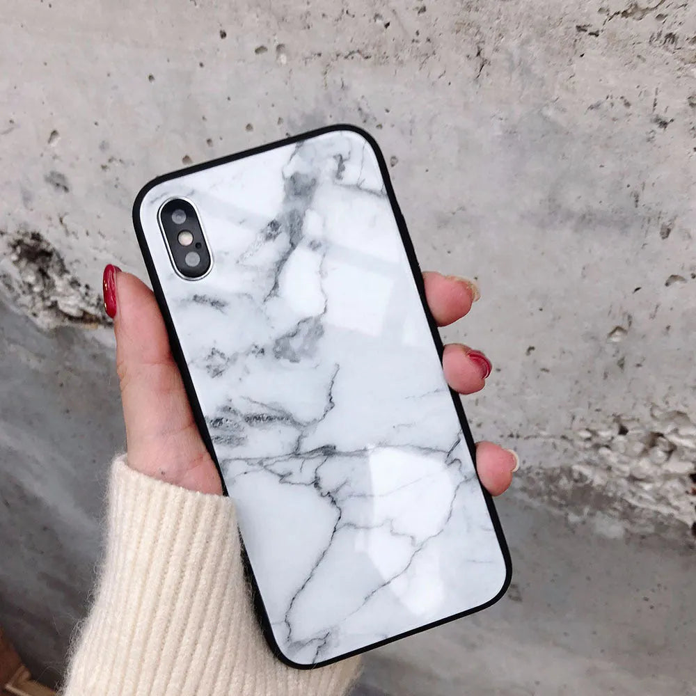 Marble glass phone case with TPU bumper for iPhone 6 to XS Max, Beige colour option