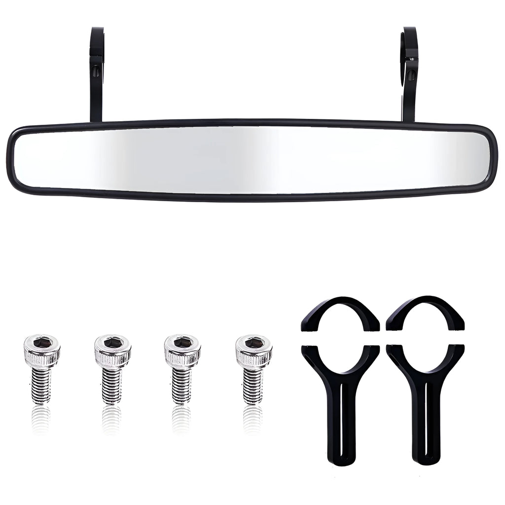 Black off-road wide-angle rearview mirror mounted on Polaris RZR roll cage