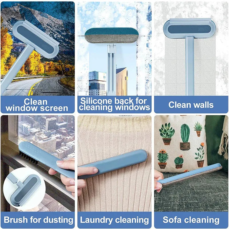 4-in-1 multifunctional cleaning brush with flannel head and extension handle for pet hair and screen cleaning