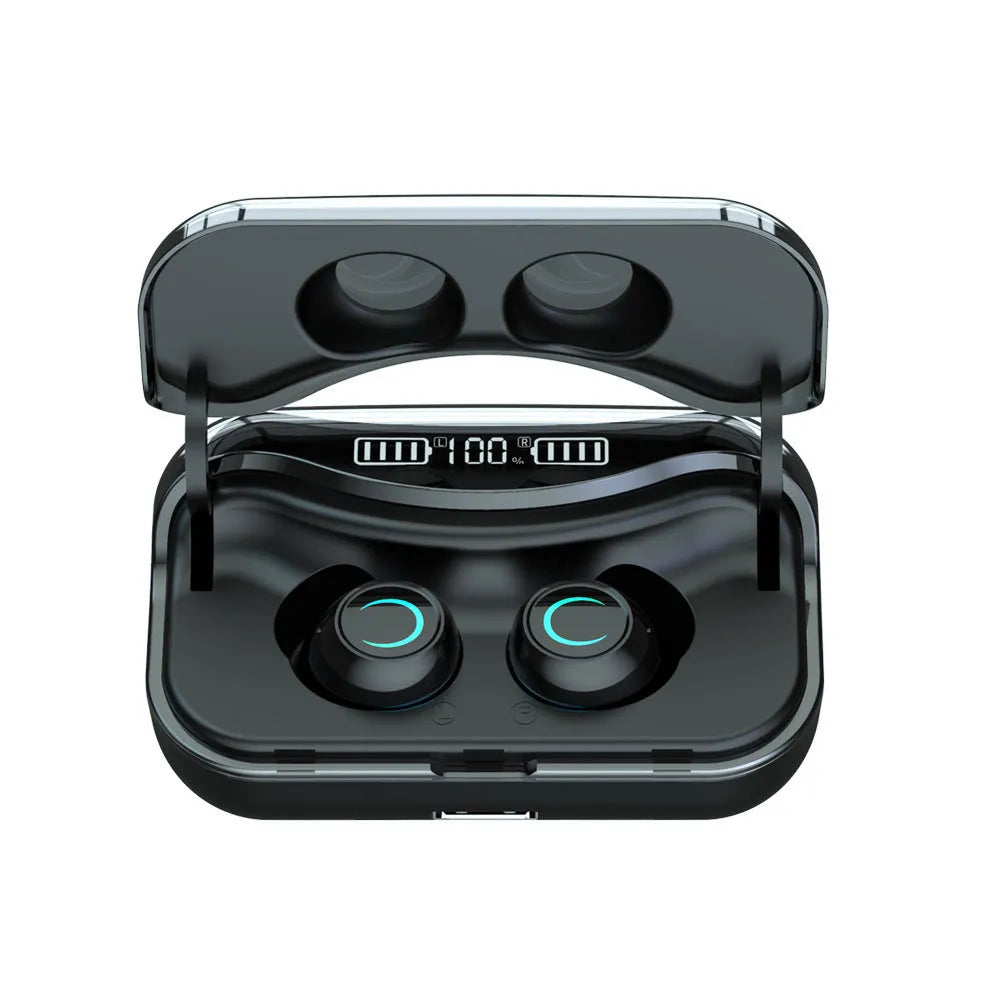 Black running in-ear Bluetooth headset with Bluetooth 5.0, stereo sound, and earplug-type binaural design