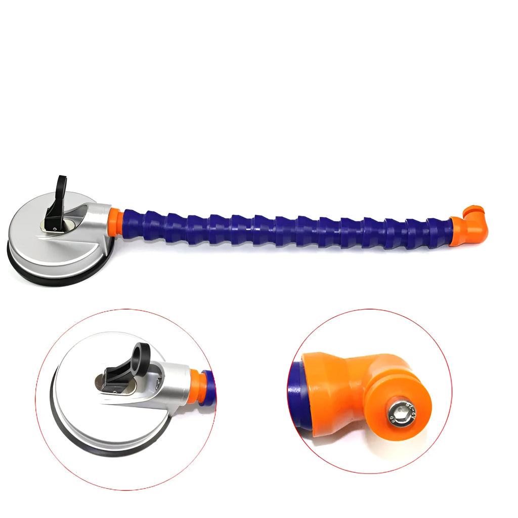 Blue car dent repair tool with suction cup and adjustable bracket on a metal car panel
