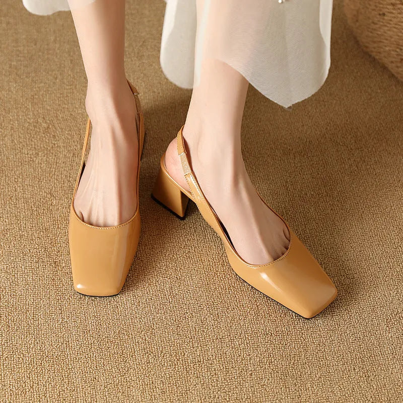Women's square toe slip-on sandals with buckle in apricot, black, and pink, PU upper, rubber sole.