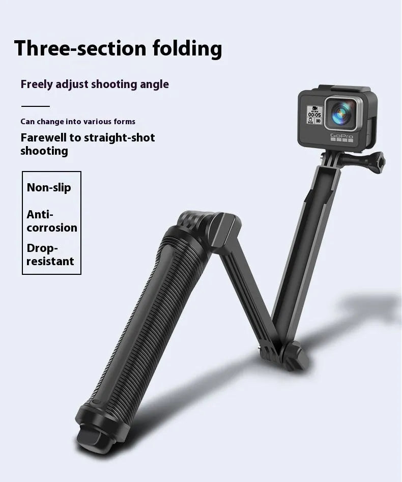 Black portable folding tripod stand for GoPro Hero action cameras in open and closed positions.