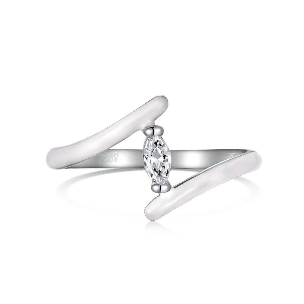 Silver ring for women with symmetrical white geometric design, platinum finish, sizes 5 to 9