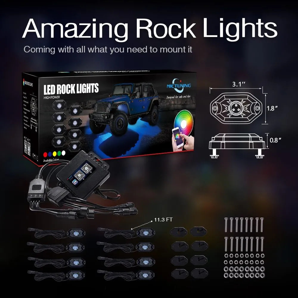 Eight-piece undercarriage LED atmosphere light set with RGB colours, die-cast aluminium housing, and CREE lamp beads for off-road vehicles