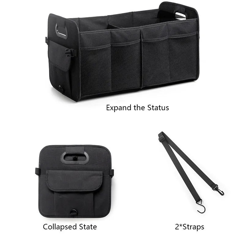 Foldable multi-compartment car boot storage box in black with handle and waterproof fabric construction