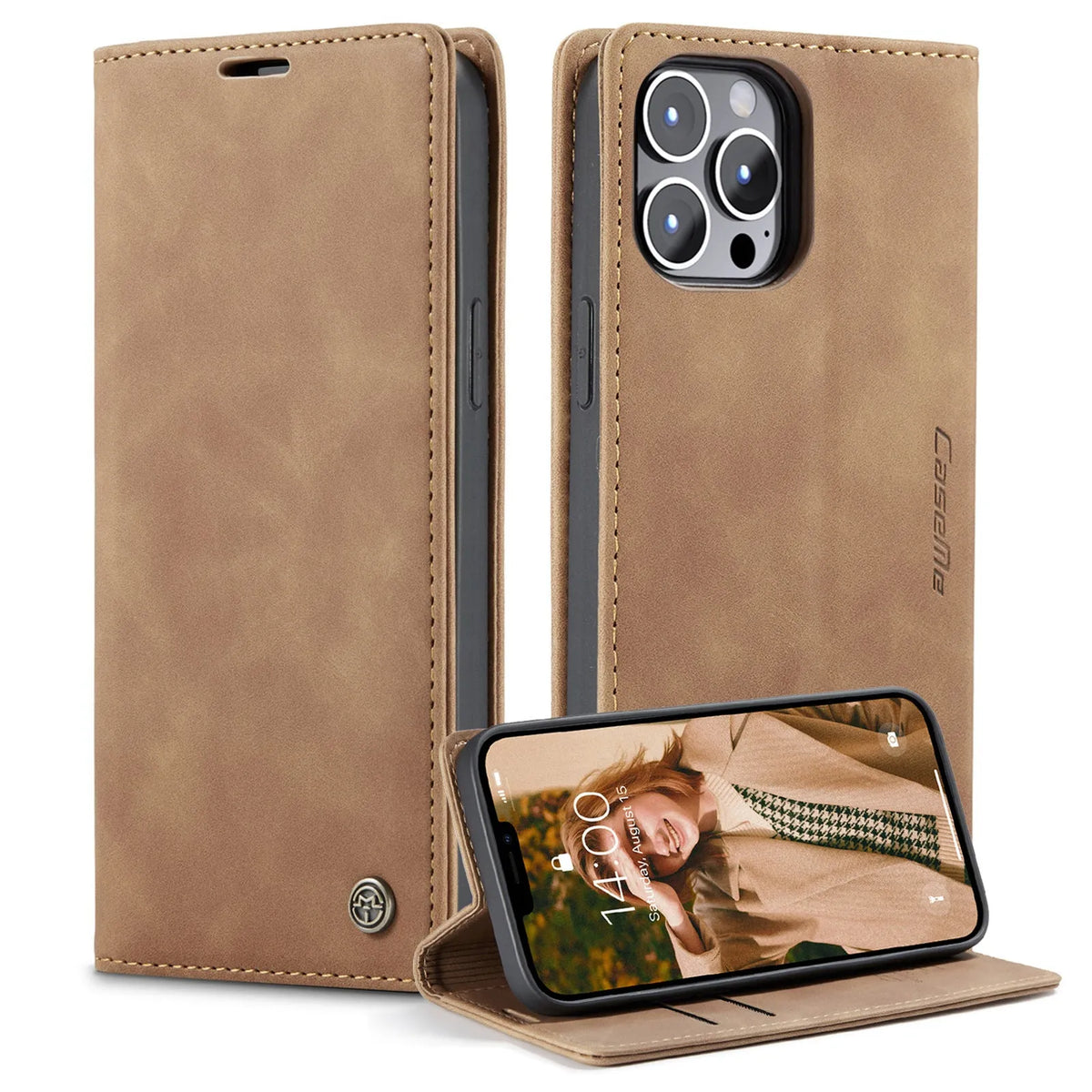 Mobile phone holster flip cover in black, clamshell design, PU+TPU material, compatible with iPhone models.