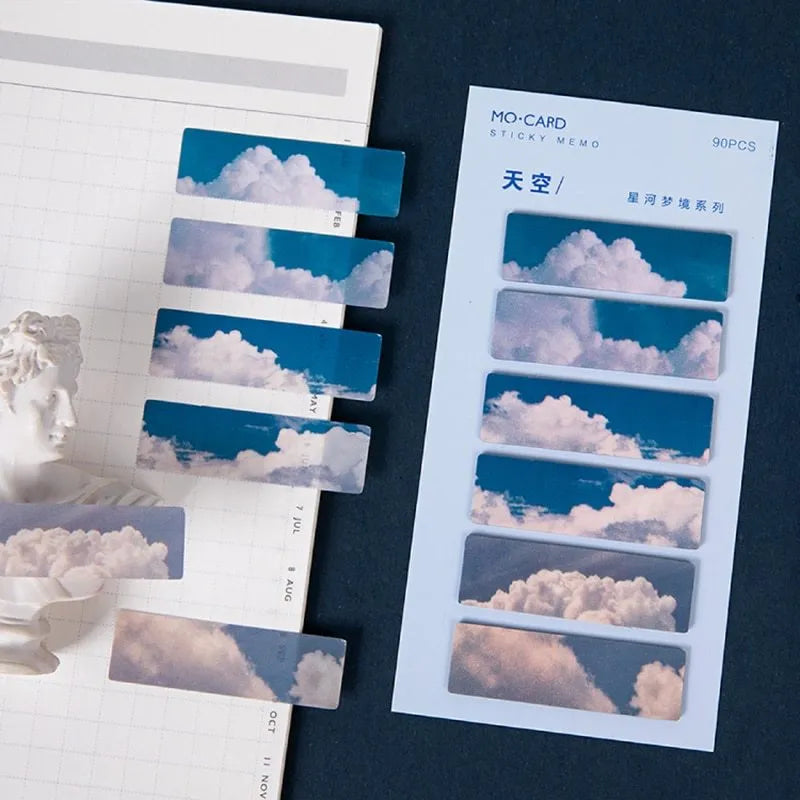 Pack of 90 night sky star index design pet marker post-it notes in six colours: dusk, forest, moon, ocean, petard, sky.