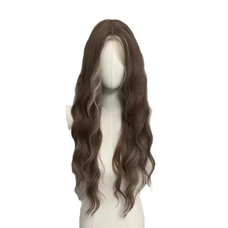 Gray golden highlight long curly lace wig with hair net on display
