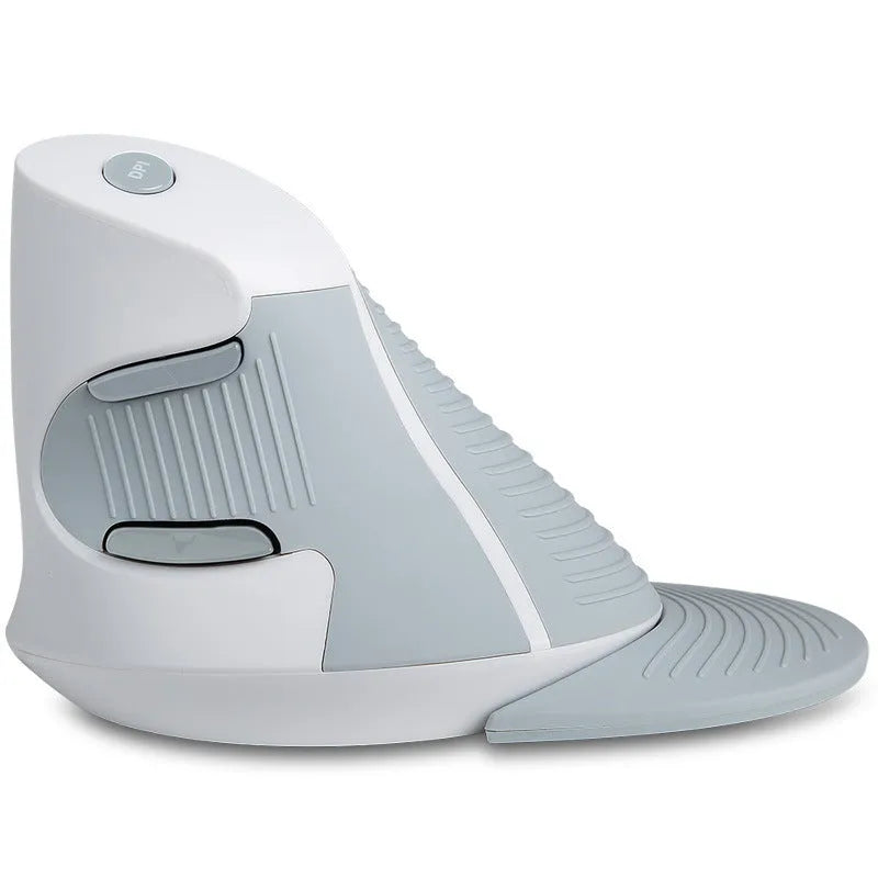 Black M618 wireless vertical ergonomic mouse shown at a 57-degree angle on a wooden desk.