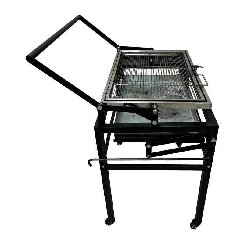 Large black stainless steel portable charcoal barbecue grill in a foldable design.