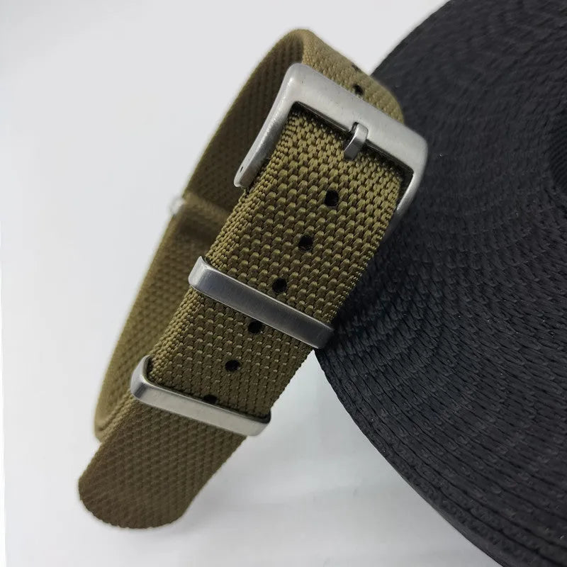 Nylon integrated watch strap in Army Green colour, shown alongside Black, Blue, Khaki, and Gray options.