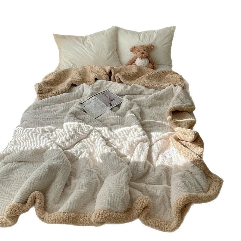 Simple leisure nap blanket in caramel coffee, 70x100cm, polyester fibre, solid colour, on a bed with modern simplicity decor