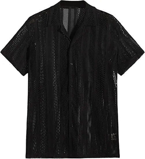 Men's black and white short-sleeved knitted cardigan shirt with button front and jacquard fabric texture