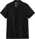 Men's black and white short-sleeved knitted cardigan shirt with button front and jacquard fabric texture
