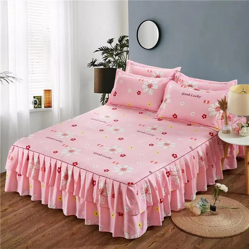 Bilateral pure cotton bed skirt set in blue with even drape on both sides of a Simmons bed