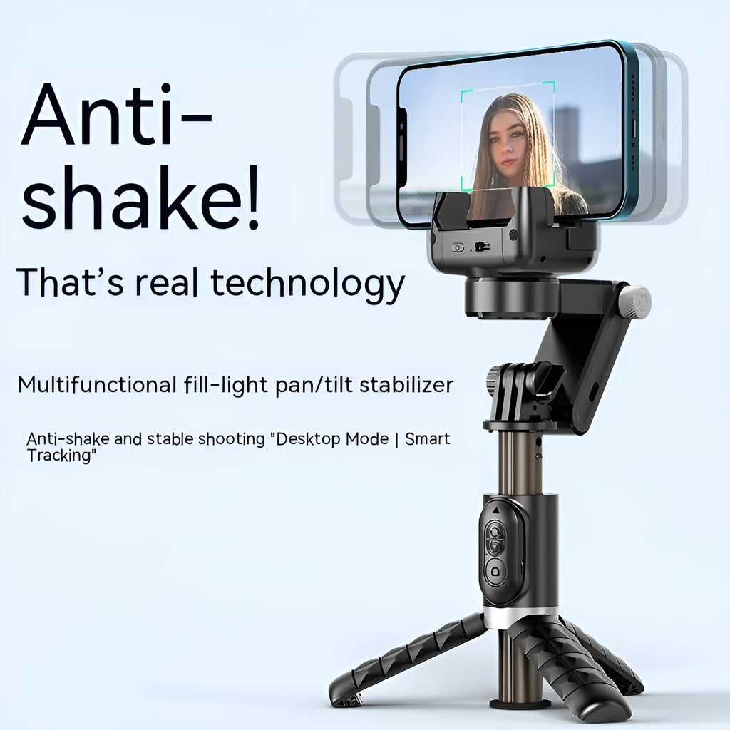 Black anti-shake phone stand with retractable selfie stick and desktop pan tilt on table