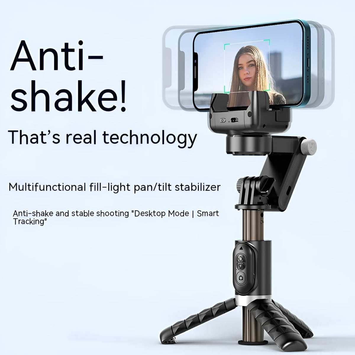 Black anti-shake phone stand with retractable selfie stick and desktop pan tilt on table