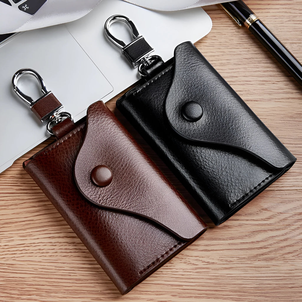 Genuine leather keychain card holder in square vertical design with key mapping organisation