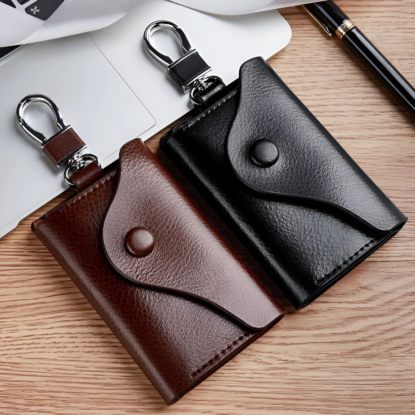 Genuine leather keychain card holder in square vertical design with key mapping organisation