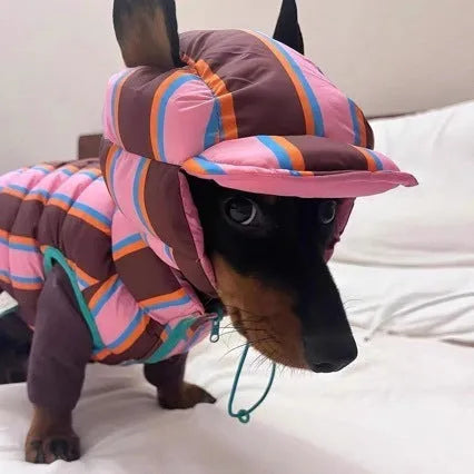 Dirty pink striped polyester dog vest with a matching hat for autumn and winter wear.