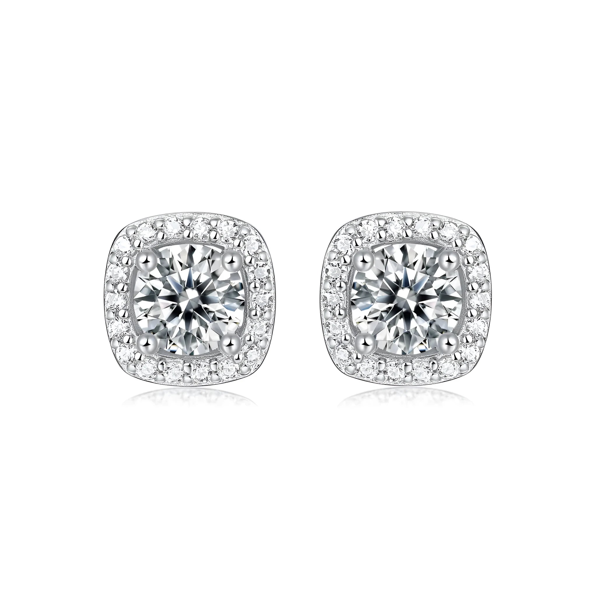 Pair of square moissanite stud earrings in S925 silver with platinum plating