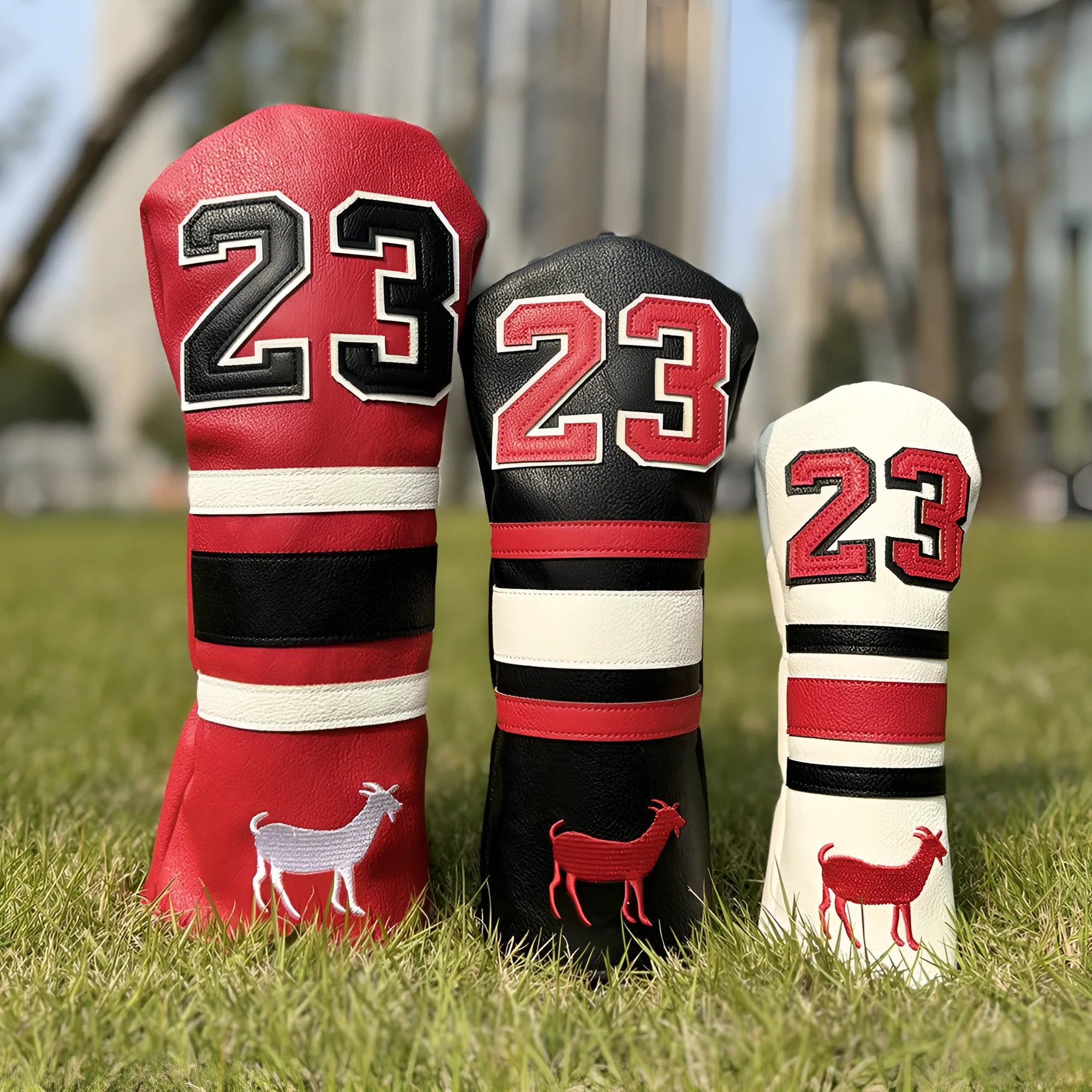 Set of four PU golf club head sleeves in a chosen colour for UT, No 1, 3/5, and Square putter woods.