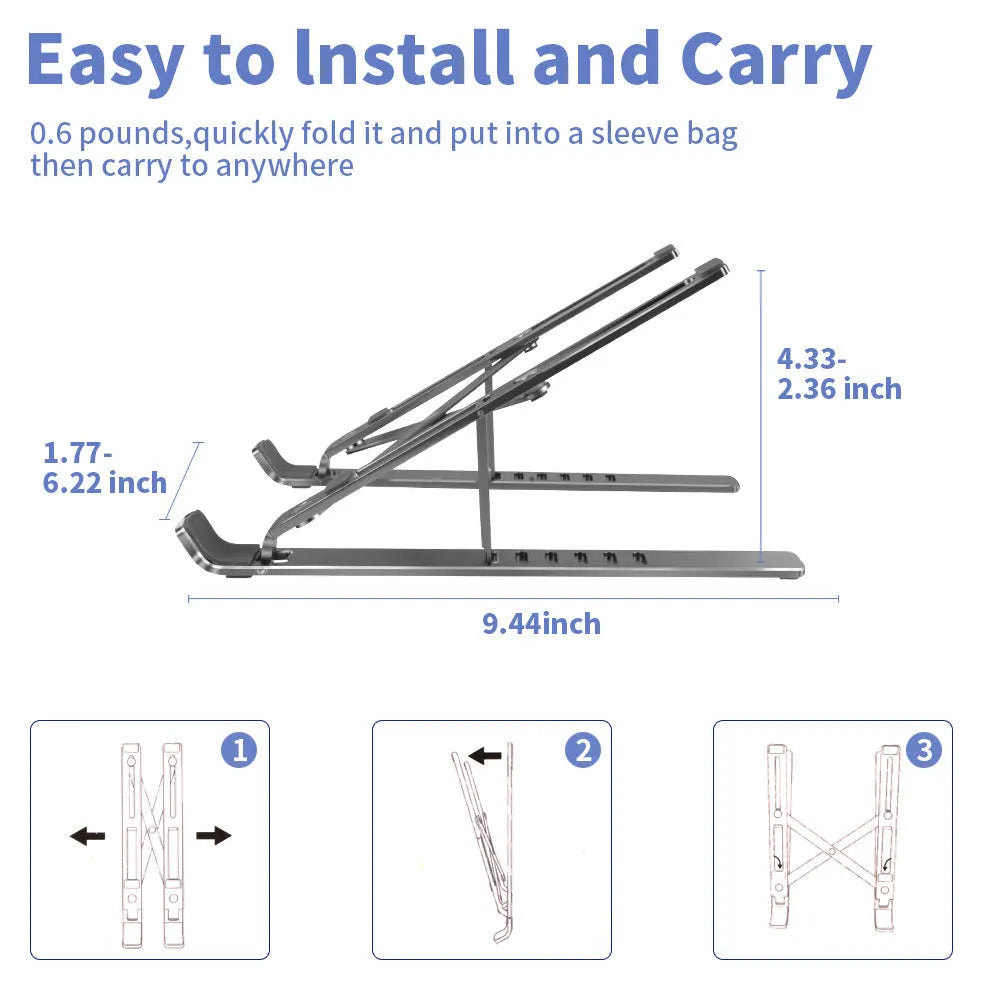Silver aluminium laptop stand open at an angle next to a closed laptop.