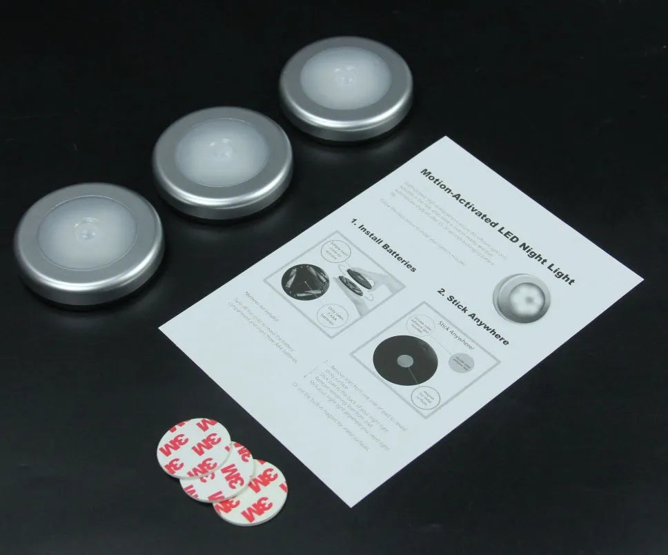 6 LED motion sensor cabinet light with strong magnetism and 3M adhesive pad, battery powered nightlight