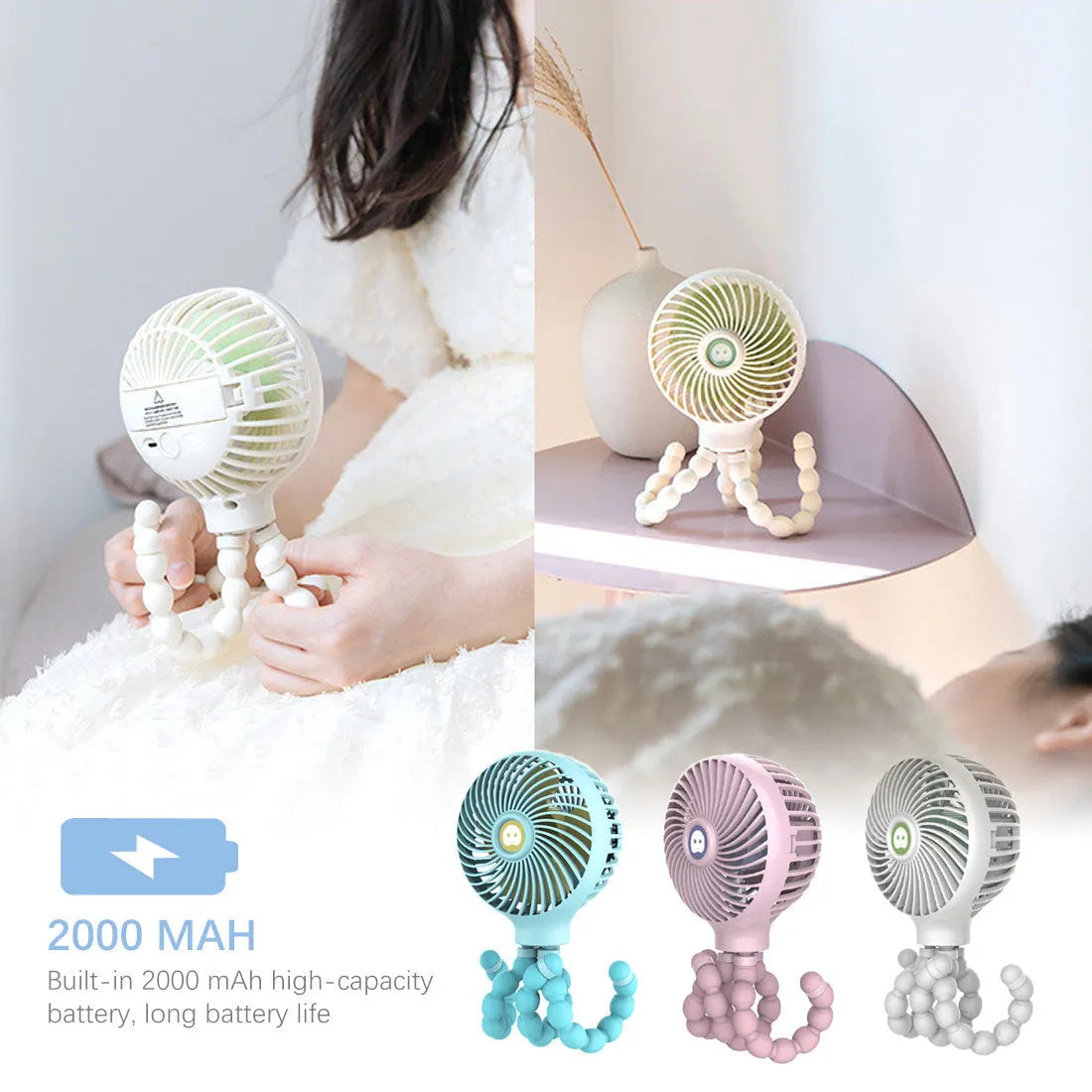 Octopus deformed folding fan with flexible legs, USB rechargeable, white, blue, pink, with protective net bag