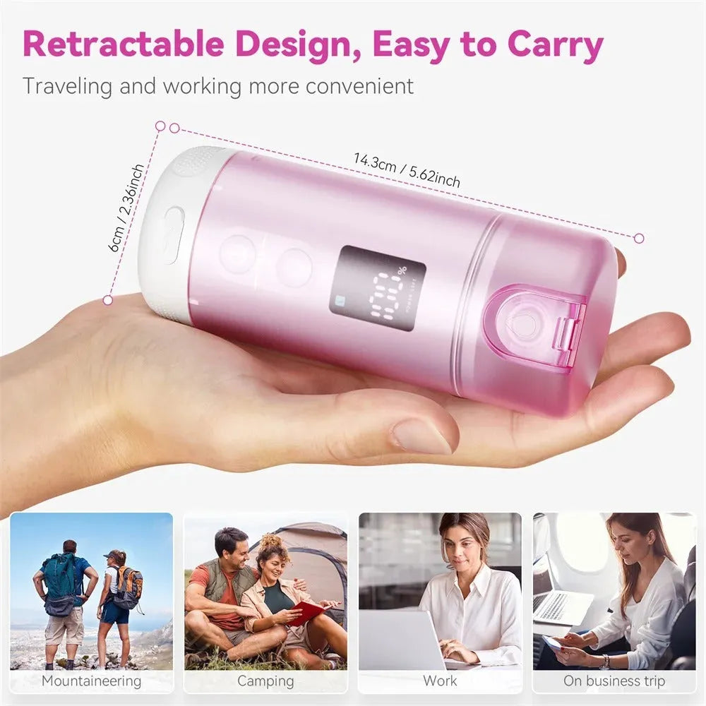 Portable household integrated electric washer in white and purple, 146x60x60mm, with LED screen and nozzles