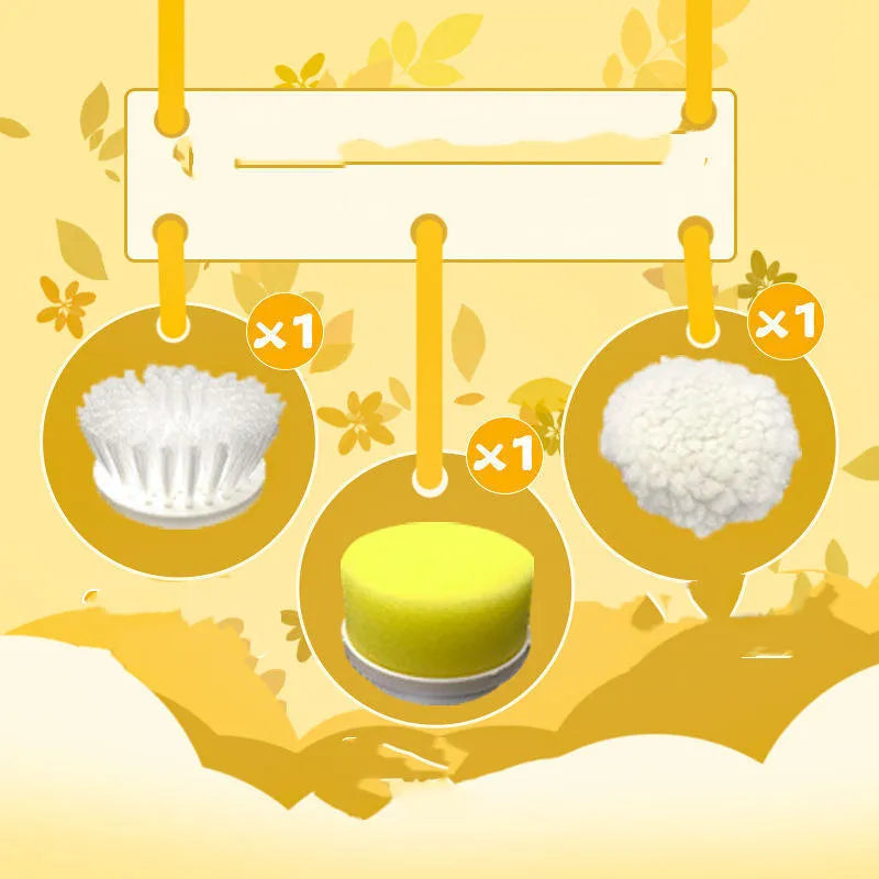 Rechargeable electric kitchen cleaning brush with multiple brush heads on a storage hook.
