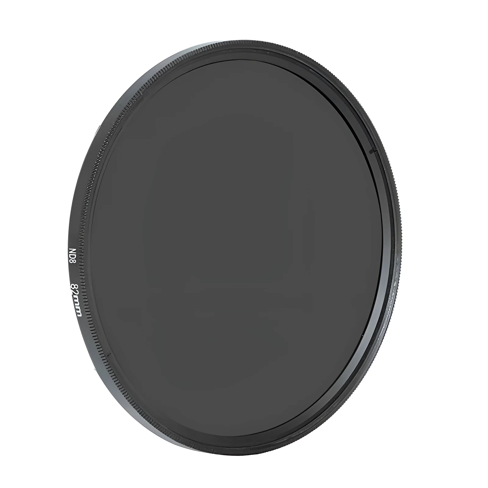 Slim aluminium ND8 camera filter showing front glass and threaded mount, with size markings visible.