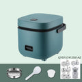 Green mini rice cooker 1.2L with steaming plate, rice spoon and measuring cup on countertop