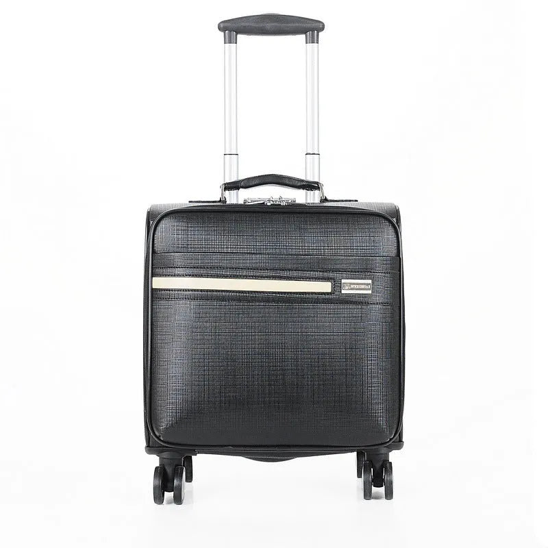 An 18-inch black PU leather business case with airplane wheels and a built-in lock.