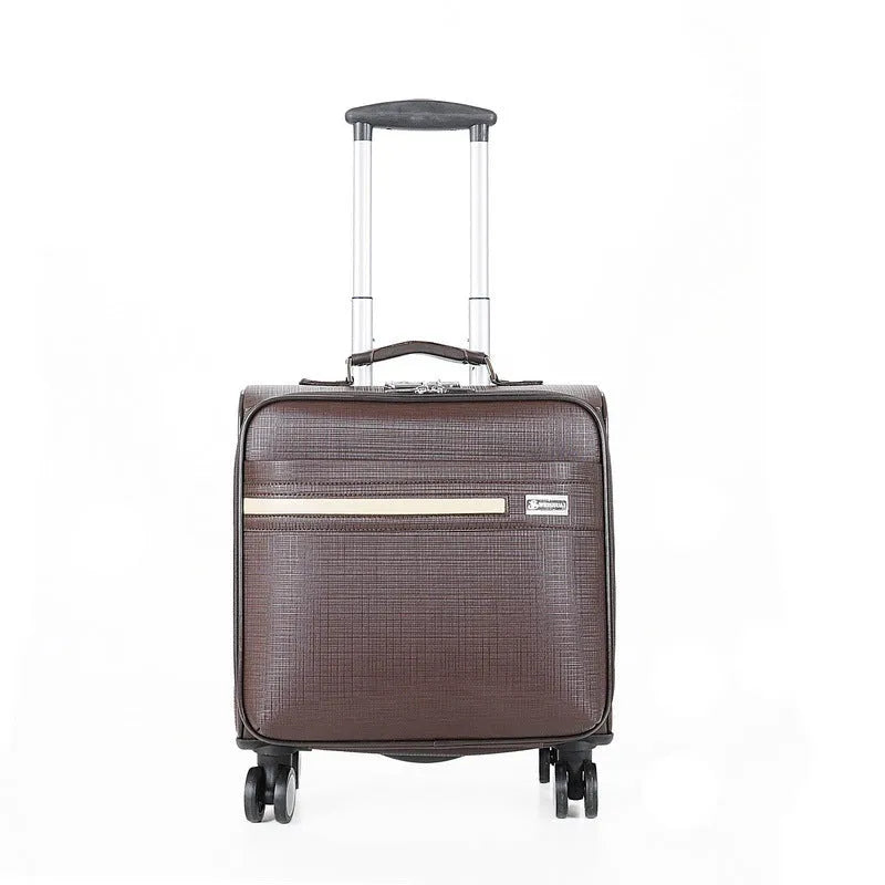 An 18-inch black PU leather business case with airplane wheels and a built-in lock.