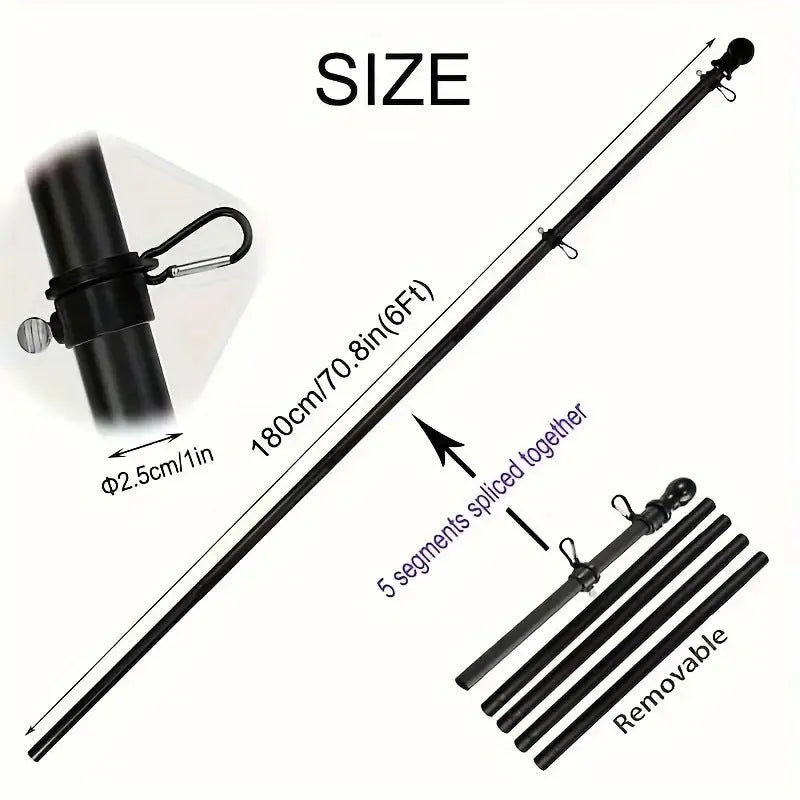 Wall mounted stainless steel sectional flagpole in black finish on a brick wall