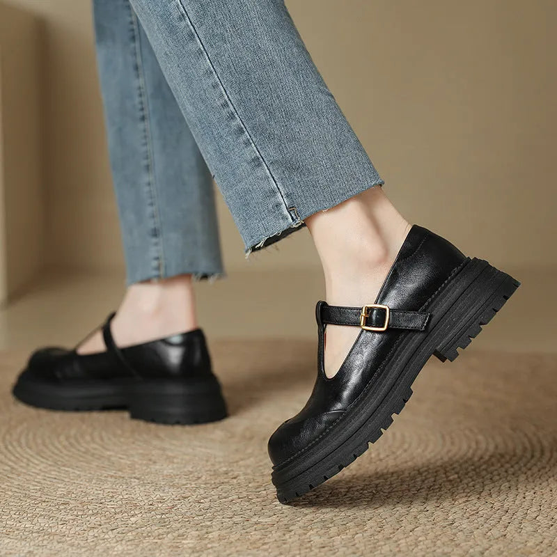 Vintage Mary Jane T-strap pumps for women, round toe, mid heel, buckle closure, black microfiber