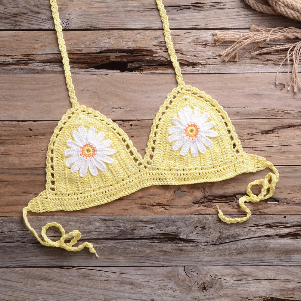 Two-piece bikini set in cotton blended fabric with acrylic, available in black, white, khaki, blue, light blue, orange, red, and yellow