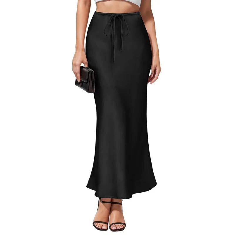 Asymmetric high-waist acetate satin skirt in multiple colours with irregular stitching detail