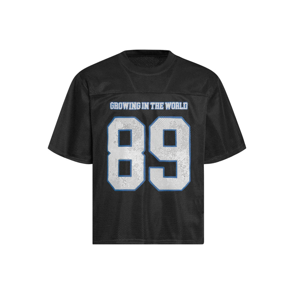 Men's black and white loose-fitting casual t-shirt with alphanumeric printing