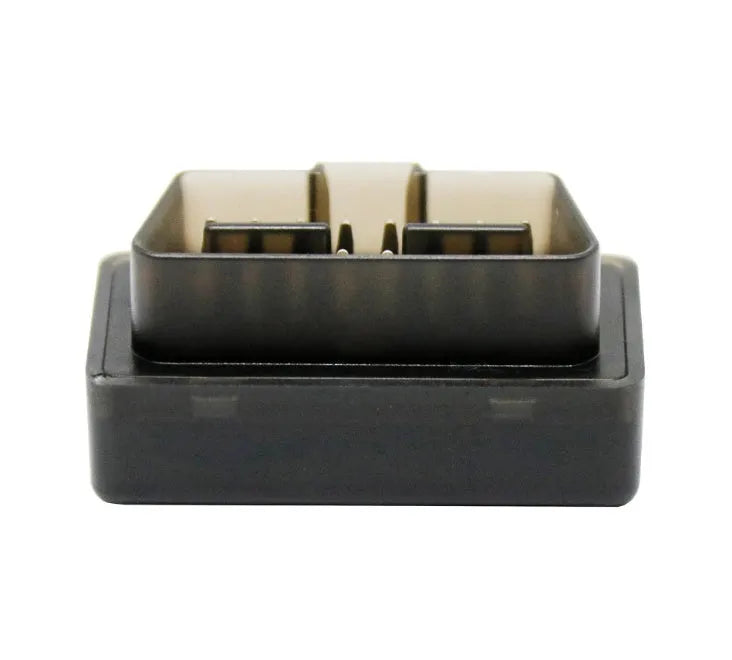 Bluetooth ELM327 OBD2 car fault diagnostic detector in black with switch; 43mm by 25mm by 23mm