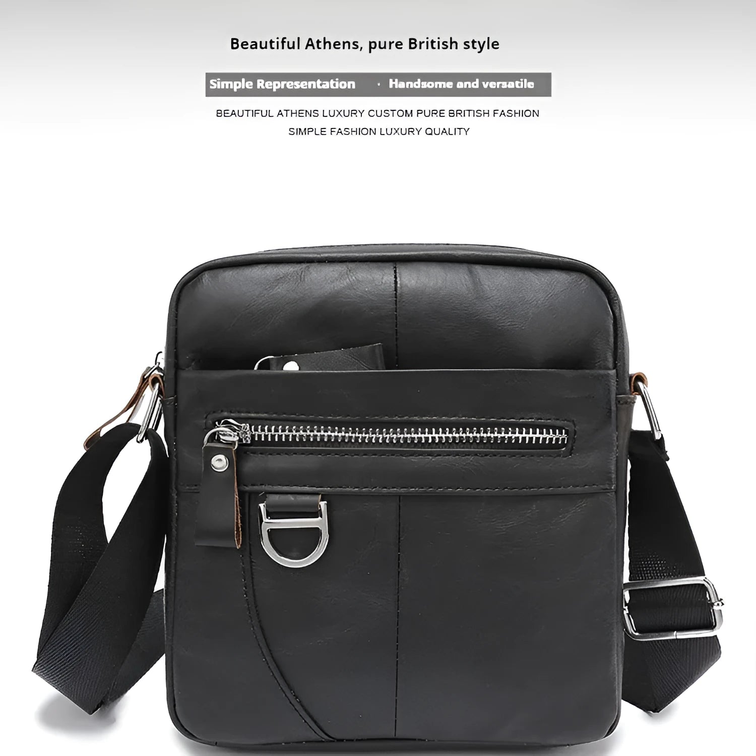 Black leather messenger bag with crossbody strap and visible sewing lines