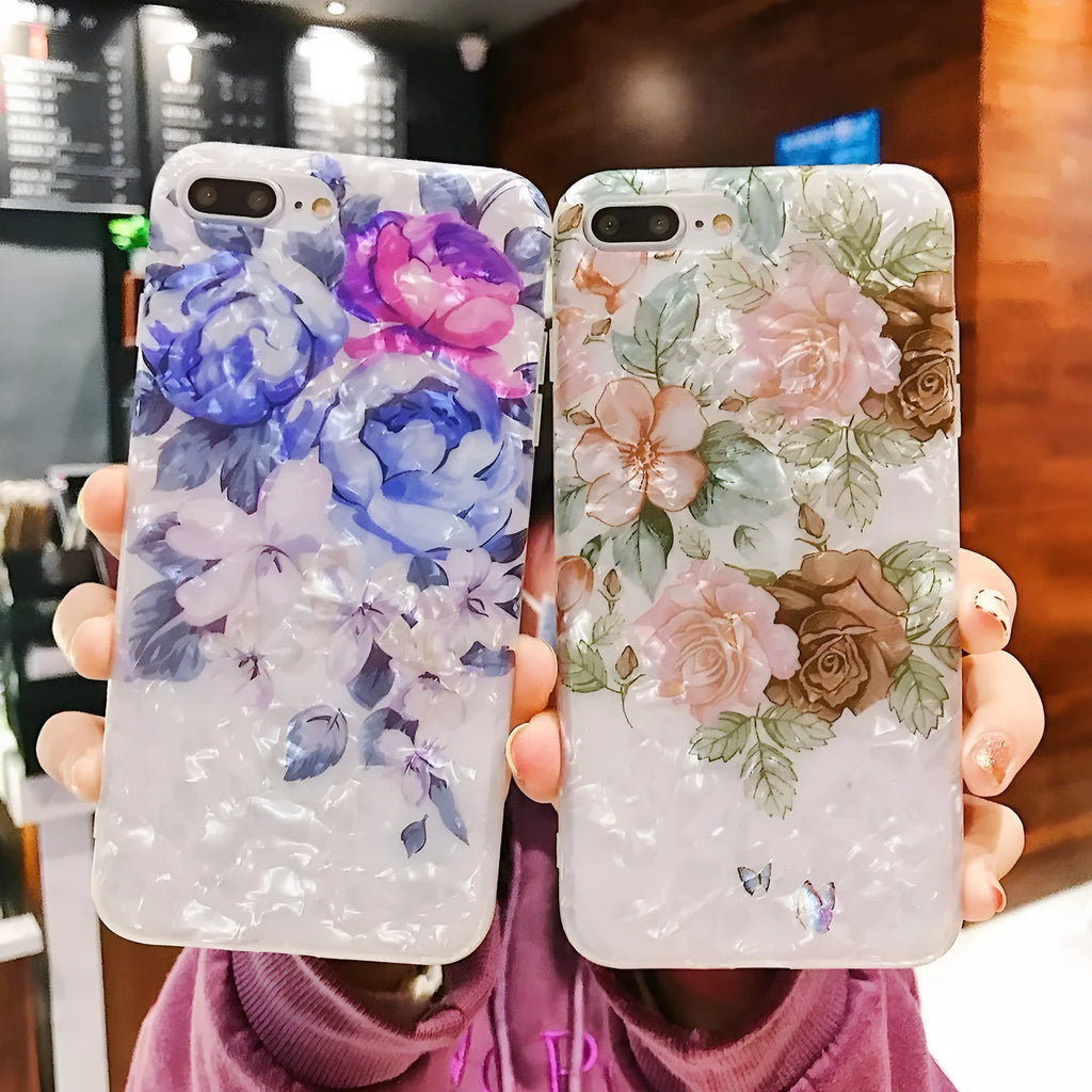 Dream Shell soft TPU silicone iPhone case with rose flower back design in brown purple white colours