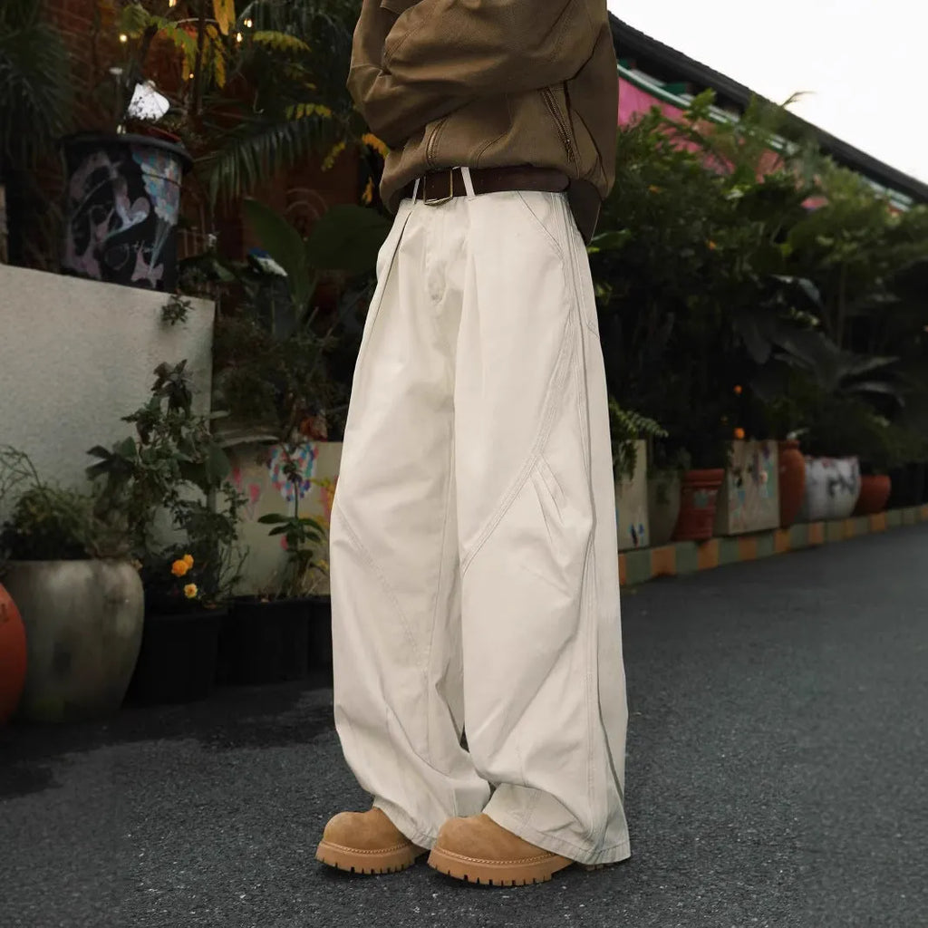 Men's pleated straight leg trousers in stripe pattern with mid waist design