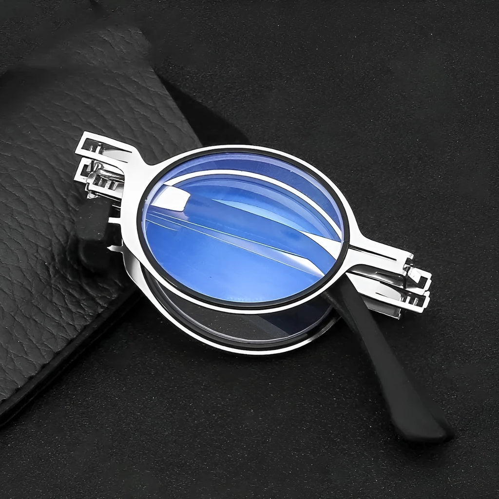 Folding portable reading glasses with metal full frame in black and silver colours for small faces