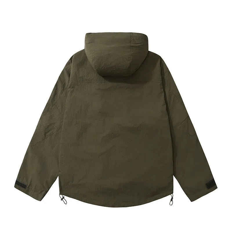 Men's loose fit jacket in black, green, or beige with 3D patch pocket, long sleeves, sizes S-3XL