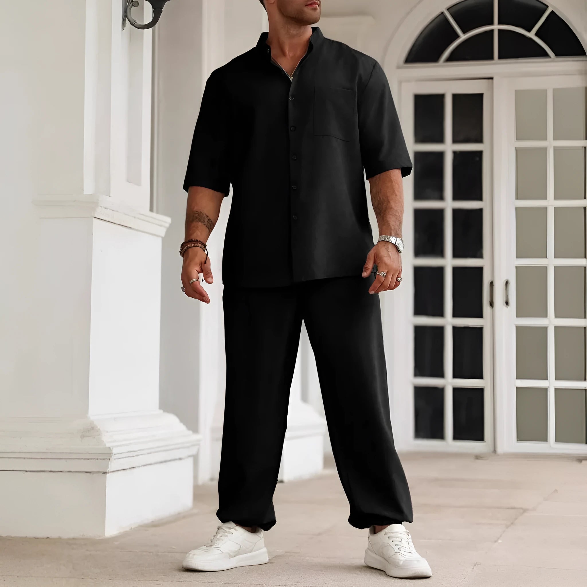Men's apricot cotton linen short-sleeved shirt and trouser casual set laid flat