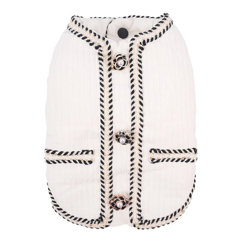 Cartoon-style quilted dog coat in light purple, sized for a medium dog.